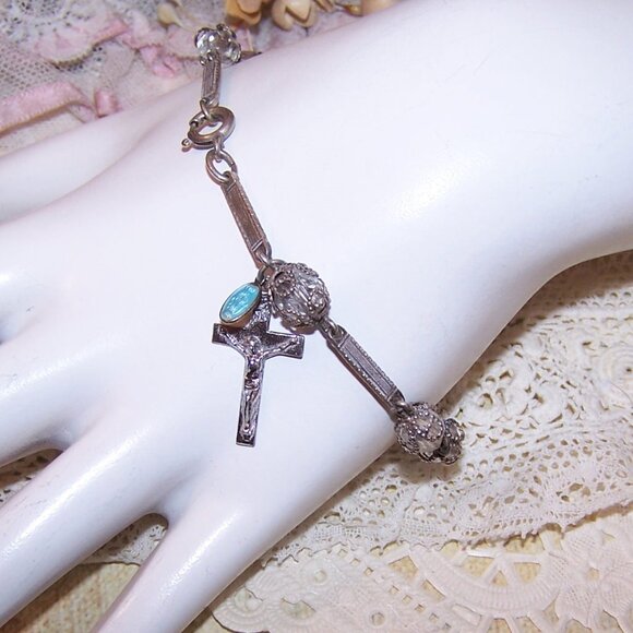 Sterling Silver Crystal Prayer Bracelet with 2 Charms - Enamel Mary and Crucifix - Picture 1 of 5